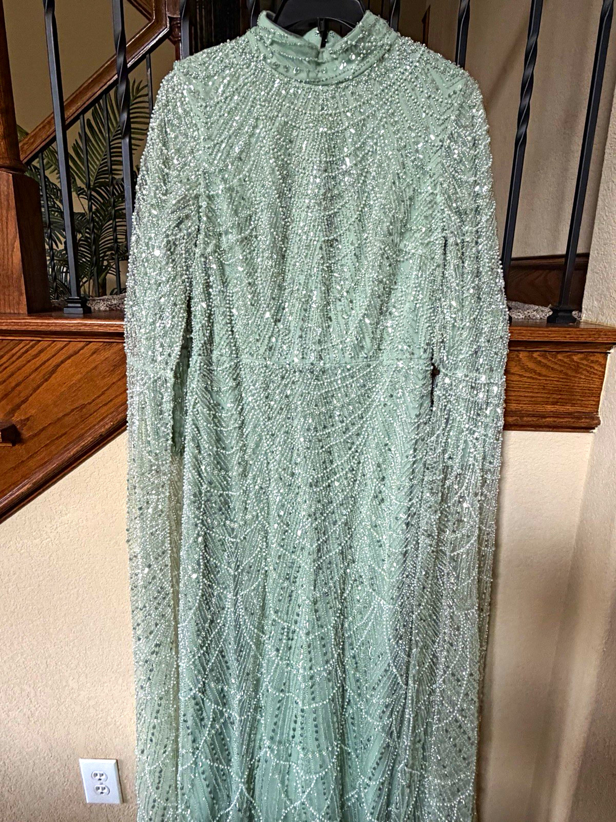 Green Mesh Beaded Sequin High Neck Long Sleeve Lined Gown Zip XL