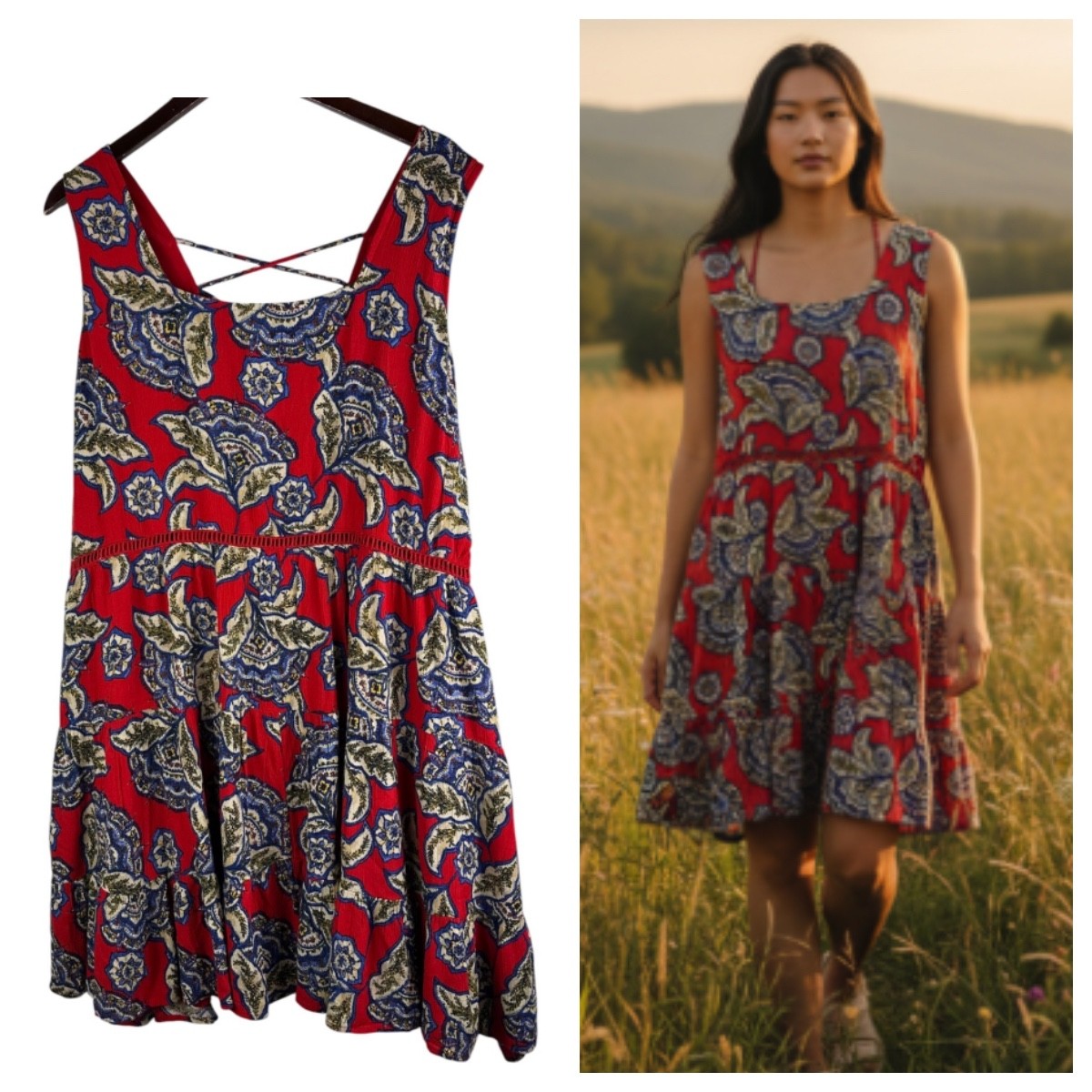 Maurices Sz 3X 22 24 Dress Sundress Floral Red Blue Tan Cottage Boho Flowy F