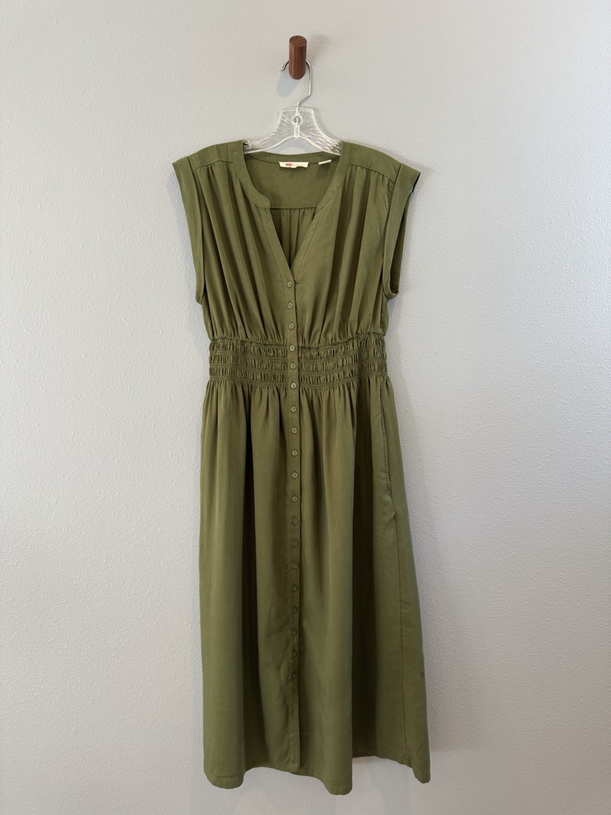 Levi’s Medium Midi/Maxi Dress Olive Green, elastic waist, pockets, EUC