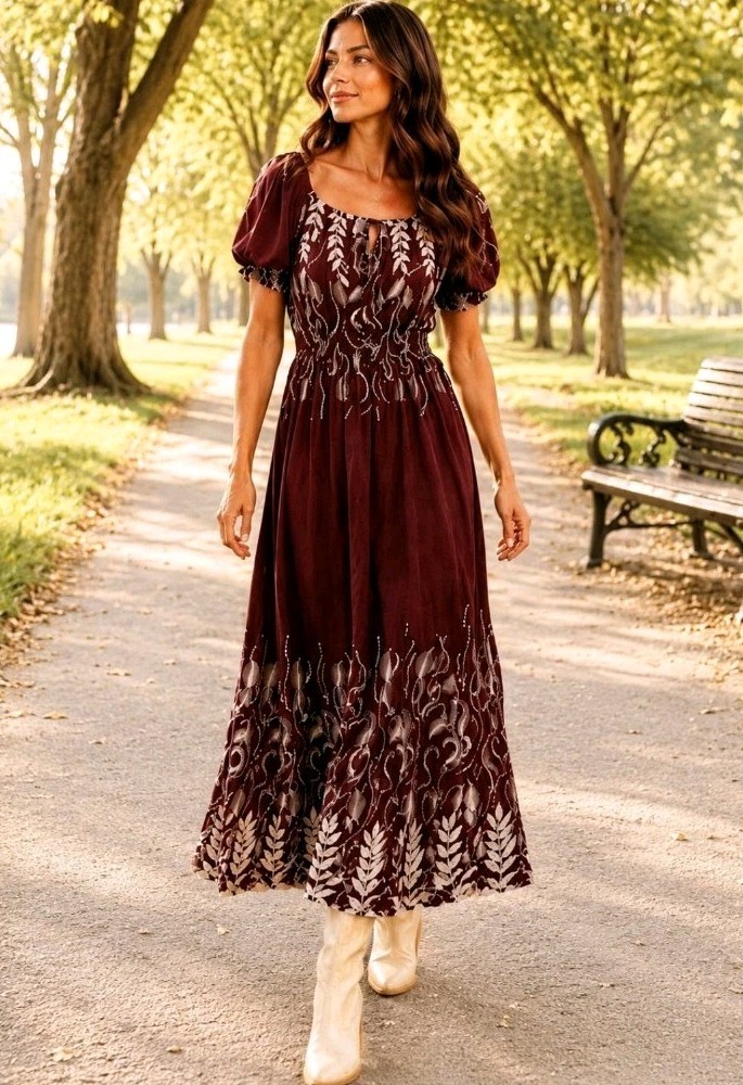 Hots Wing NWT XXL Burgundy Silk Blend Boho Maxi Dress Cottagecore Puff Sleeve