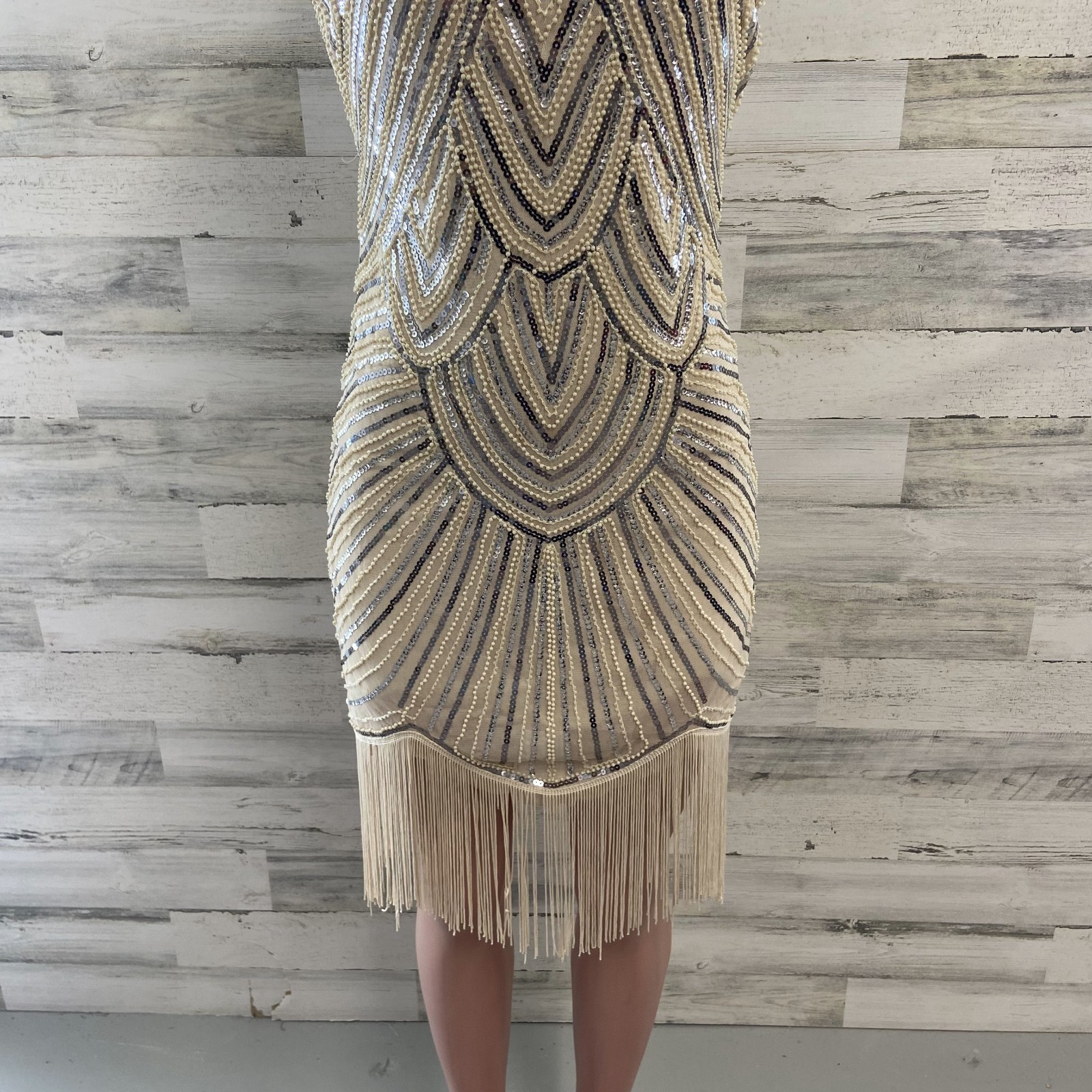1920s Style Great Gatsby Flapper Dress Champagne Sequin Beaded Fringe Small