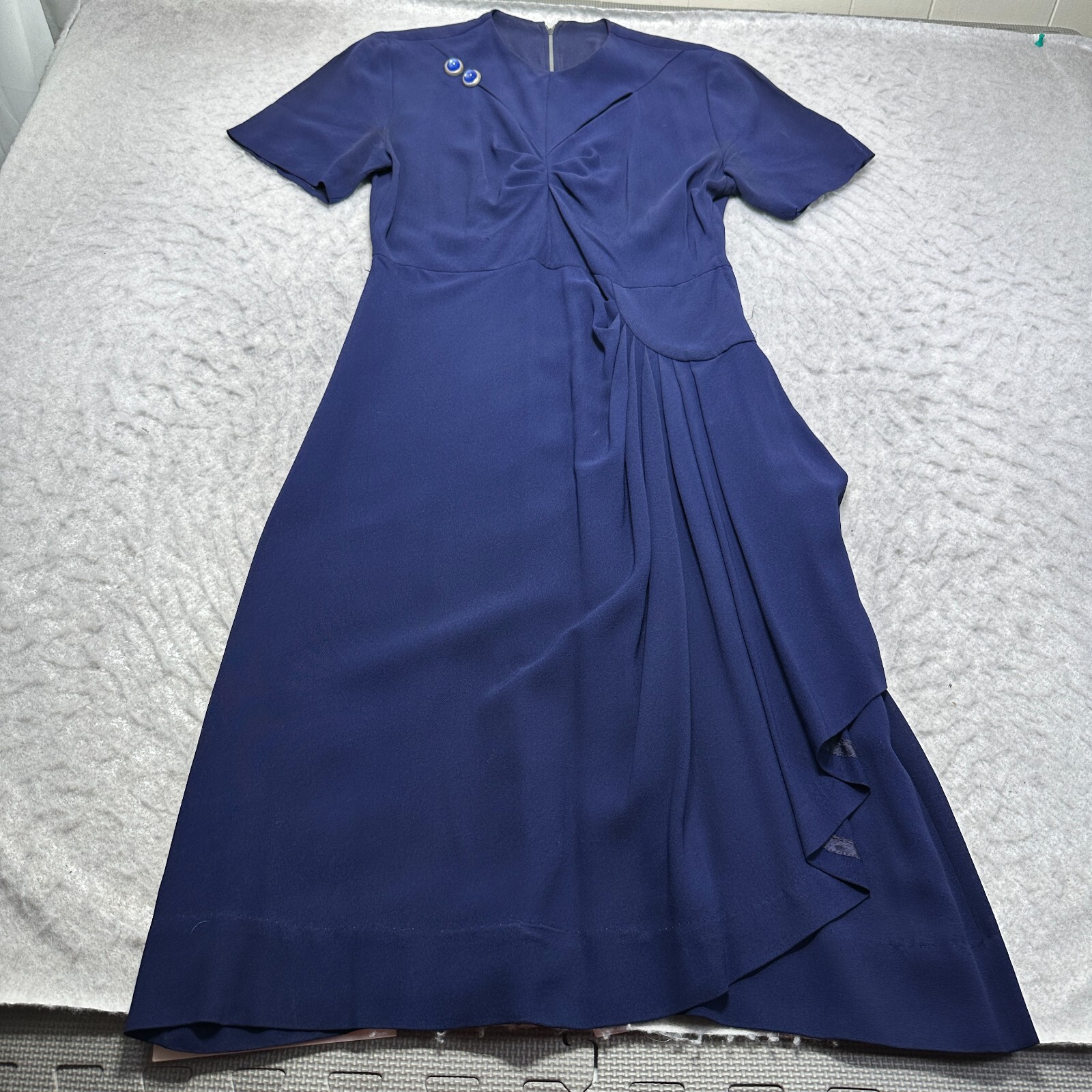 Vintage Draped Midi Dress Navy Blue Short Sleeve Ruched Womens Size 18 See Pics