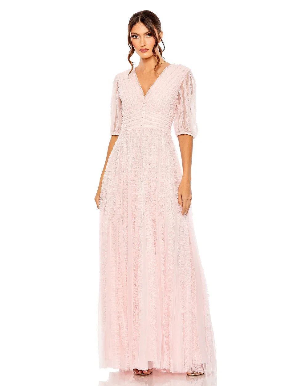 Mac Duggal Rose Pink V Neck Puff Sleeve Ruffle Tiered A Line Gown Size 22 $798