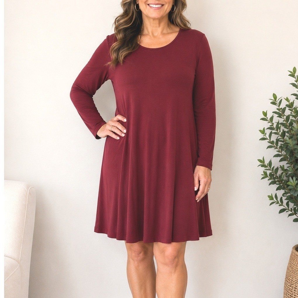 Burgundy Long Sleeve Flare Swing Midi Dress Wine Red Jersey Knit S Momcore Comfy