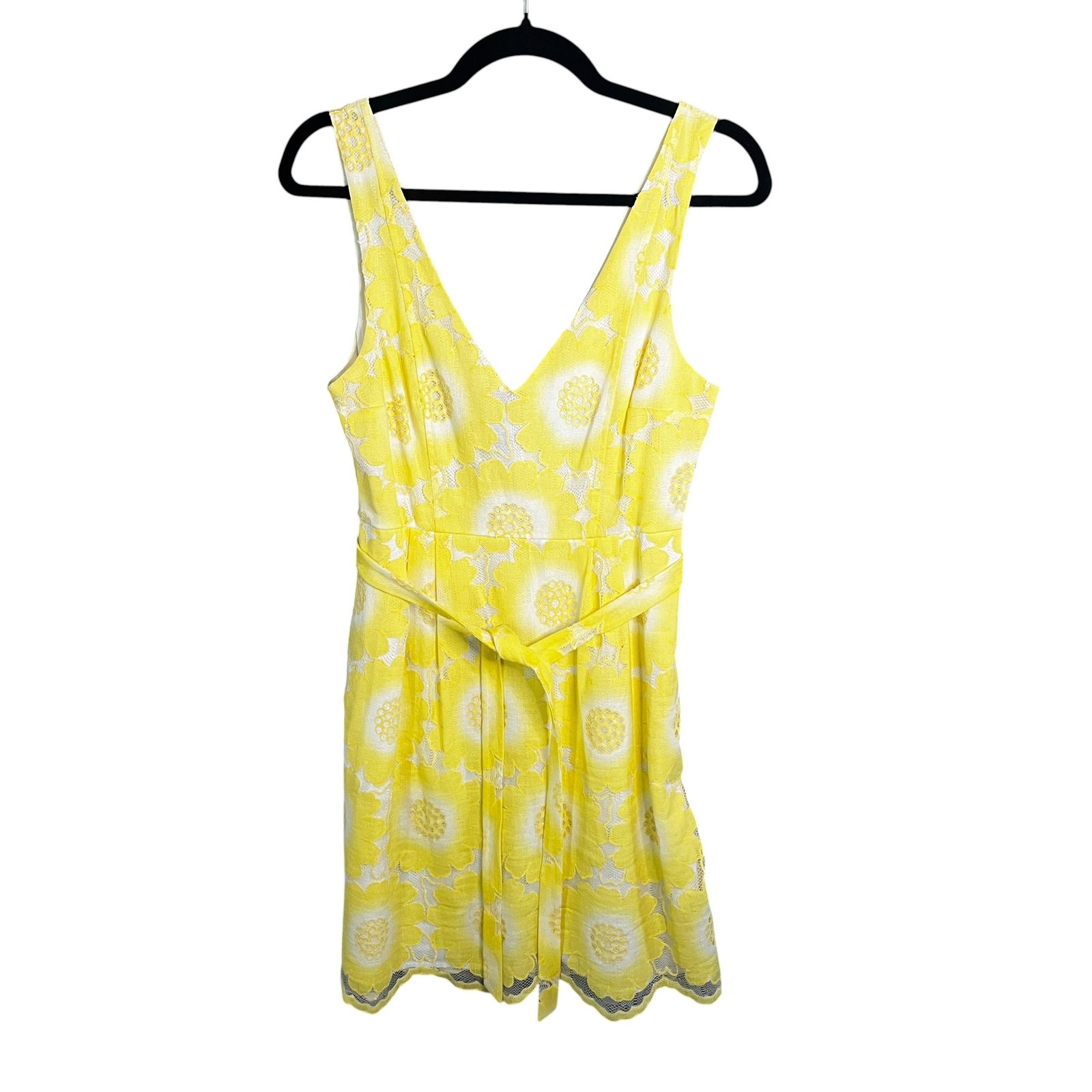 Plenty Tracy Reese Dress Womens Sz 4 Yellow Floral Jacquard Sleeveless Belted
