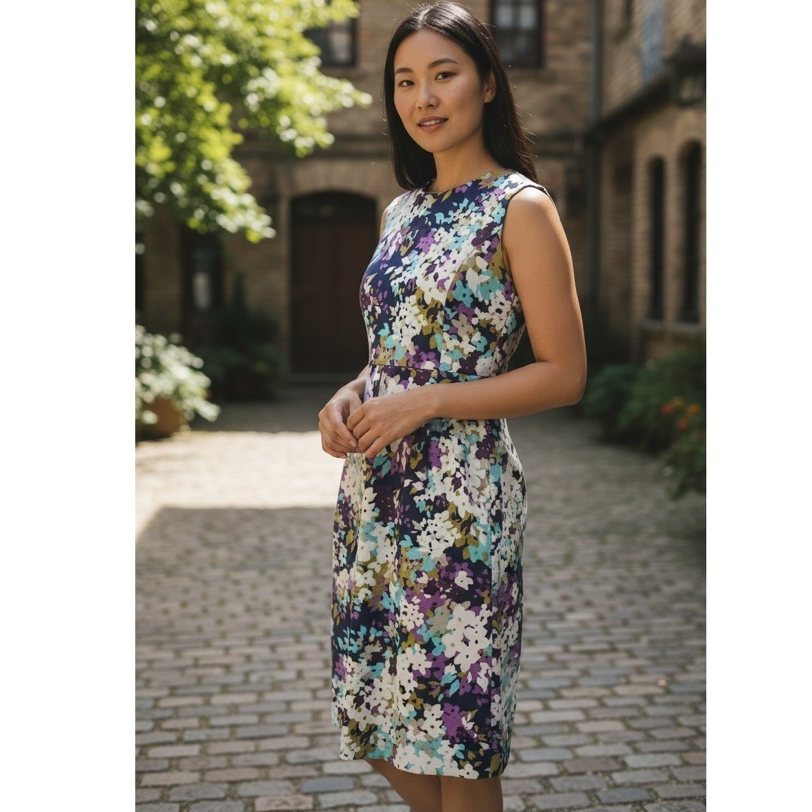 Land’s End Women’s Sleeveless Summer Floral Dress, Size 4 Elegant Round Neck
