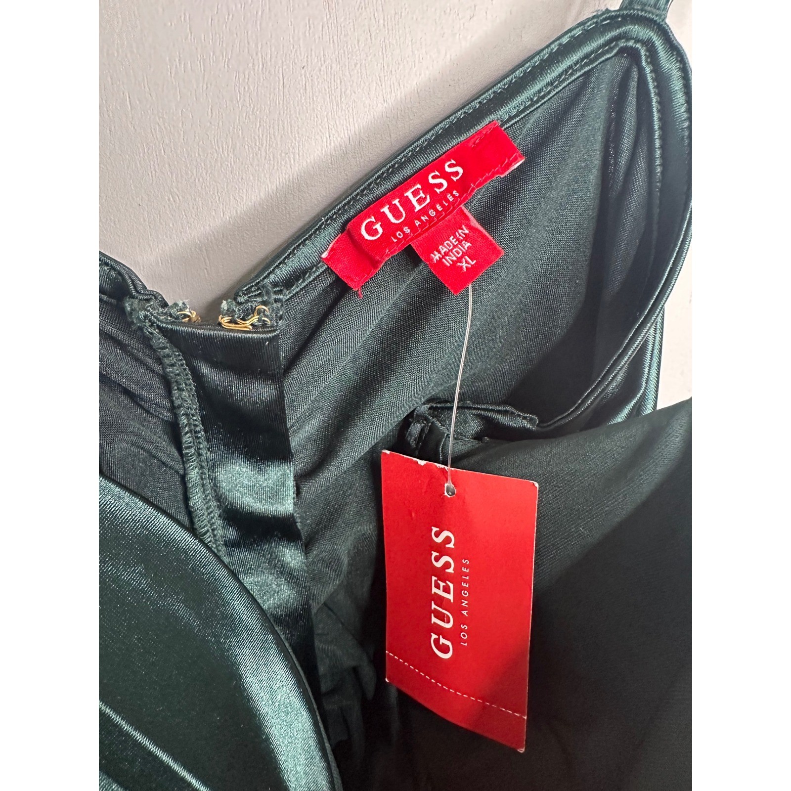 Guess Taima Dark Jade Green Ruched Satin Bodycon Mini Dress XL Q2OK03KB0T0 NWT