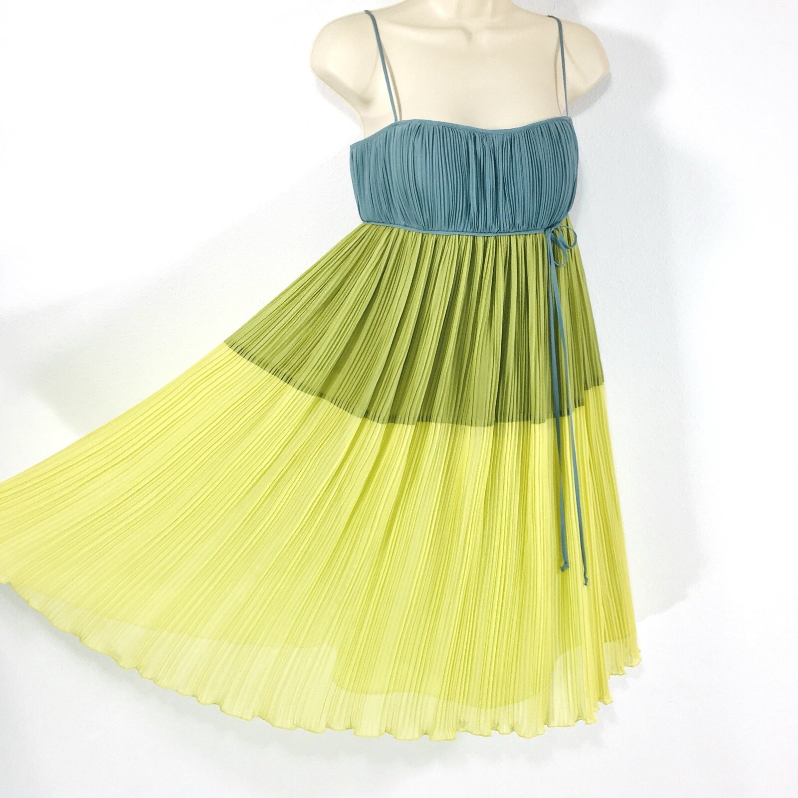 Max & Cleo Silk Babydoll Pleated Swing Dress Sz S Color Block Fairy Whimsy