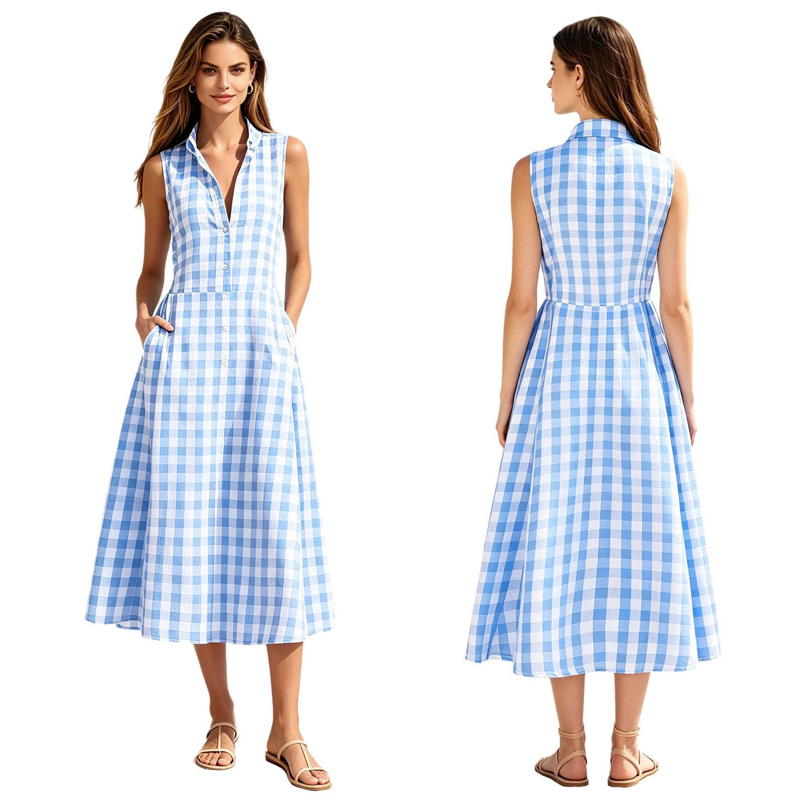 Women Midi Casual Shirt Dress Classic Sundress Summer Gingham Plaid Holiday