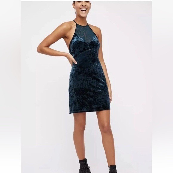 Free People Sz XS Velvet Halter Something Something BODY-CON Mini Green bodycon