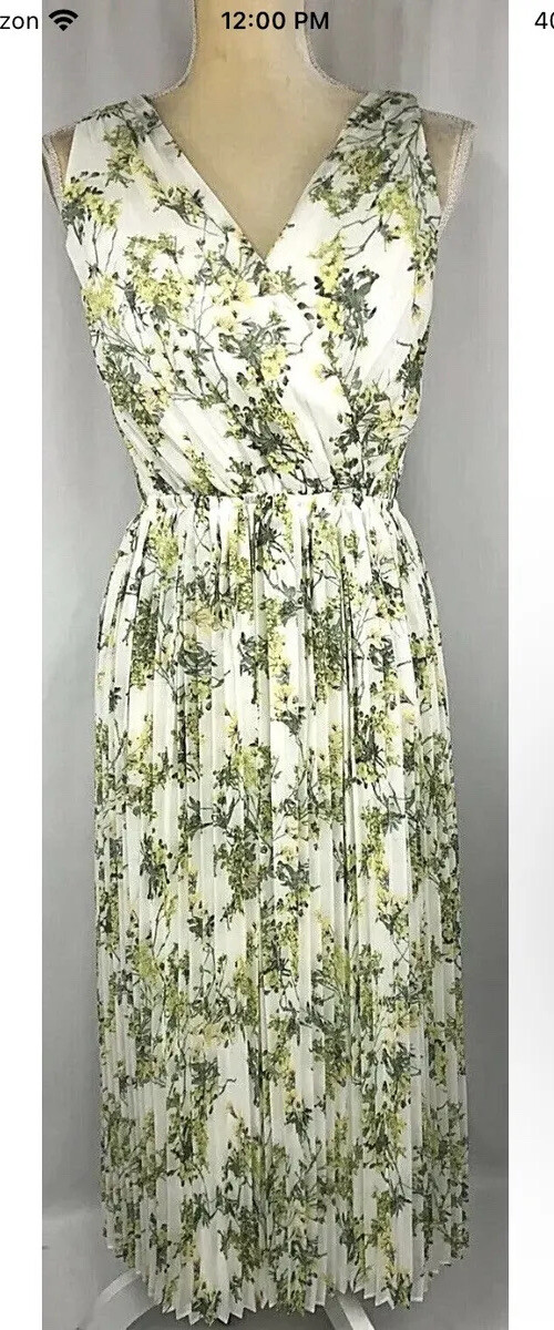 Alex Marie Dress Blouson Midi 8 Pleated Sleeveless Modest White Green New