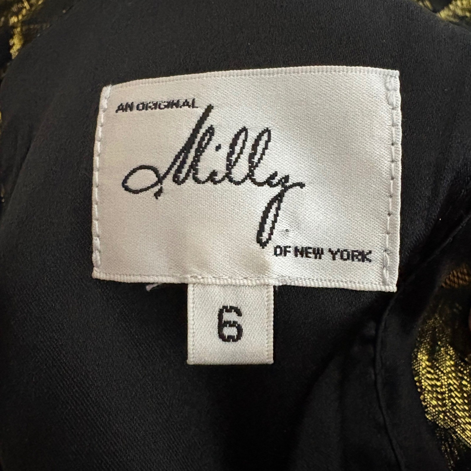 Milly New York Black Gold Metallic Silk Long Sleeve Dress with Tie Back Size 6