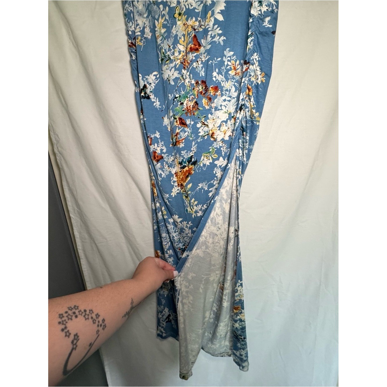 Blue Floral Butterfly Strapless Maxi Dress Ruched Sides with Side Slit-Size L