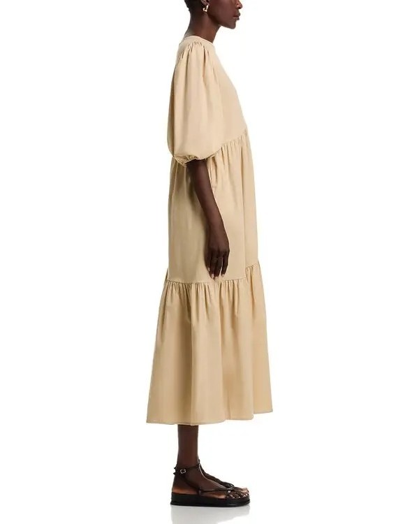 275$ THE LULO PROJECT Pleated Armenia Midi Dress 3/4 Sleeve Size S Camel Brown
