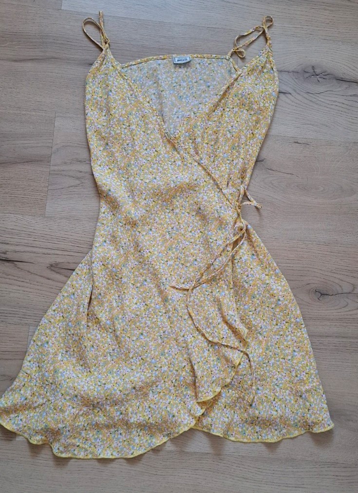 Pimkie Women’s Wrap Dress Short Yellow/White Floral, Size 38, Sleeveless, V-Neck