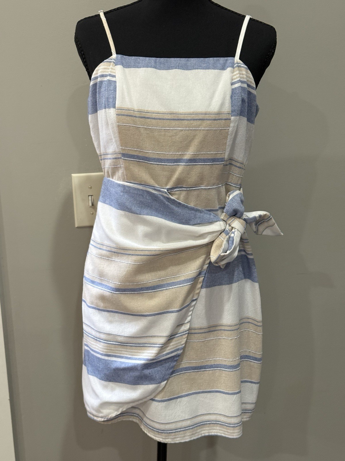 Striped Cotton Mini Dress Wrap Waist Small Coastal Grandma Nautical Quiet Luxury