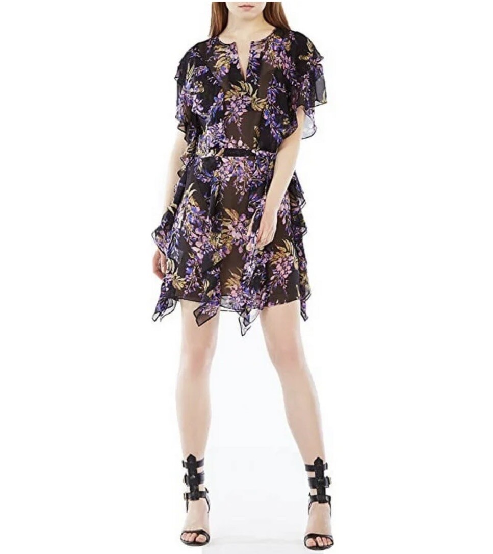 BCBG MAXAZRIA Filippa Floral Purple Black Silk Dress Ruffle Womens Size Xs