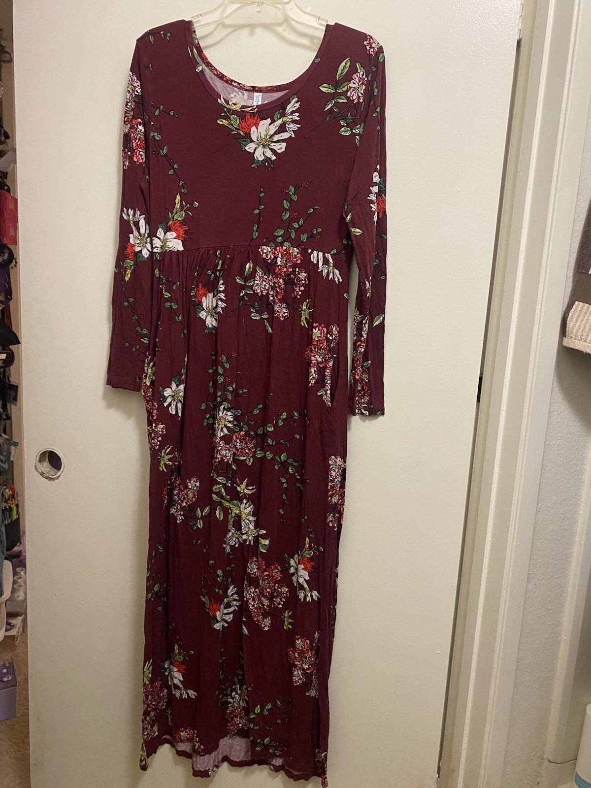 Viishow Womens Maxi Dress L Large Burgundy Red Floral Print Long Sleeve