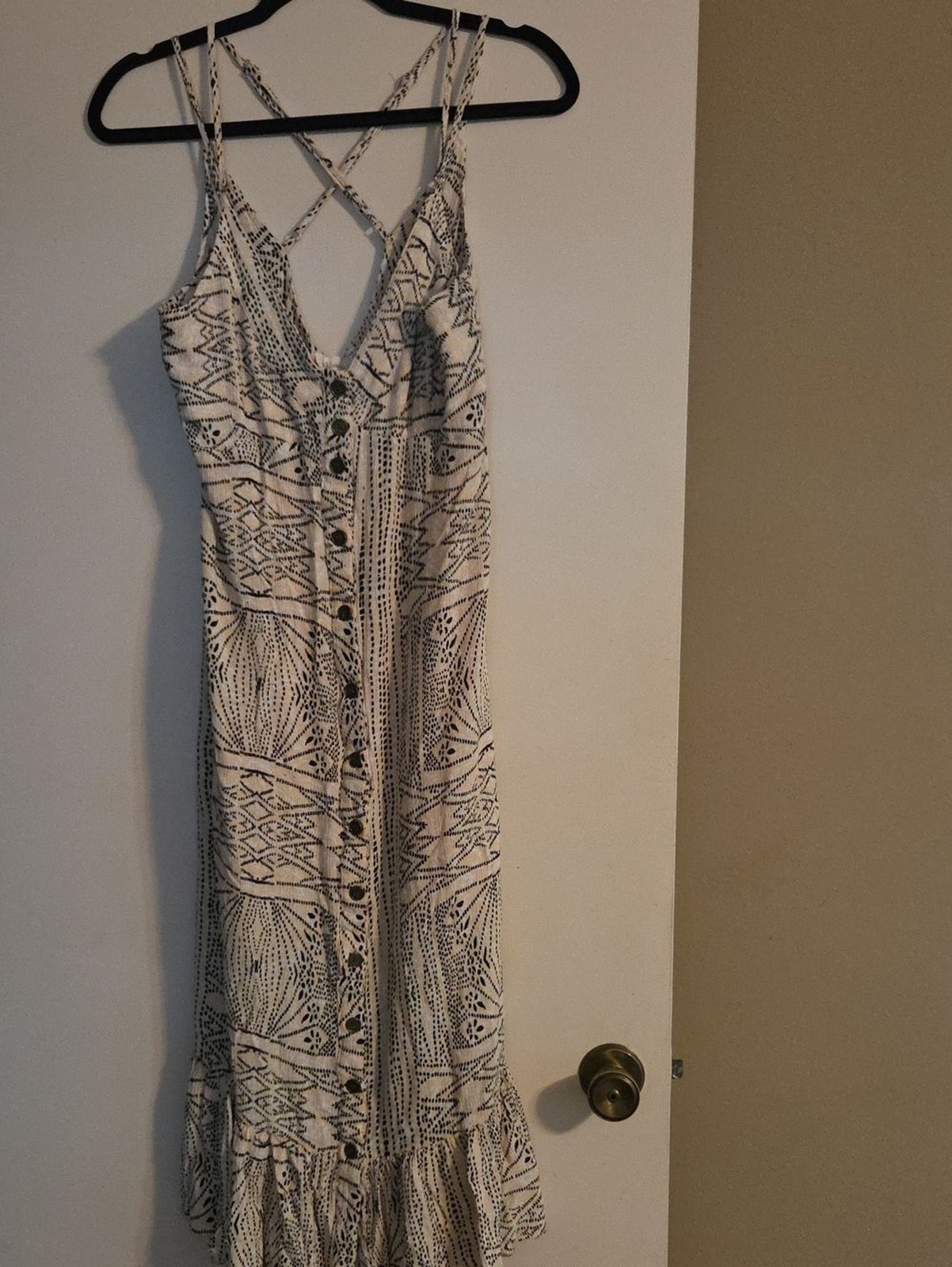 Millibon Cream Maxi Dress with Black Geometric Print and Crisscross Straps
