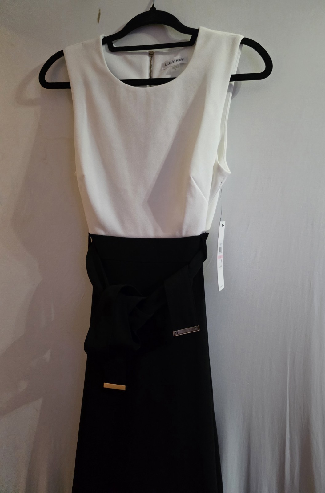 Calvin Klein NWT Black White Colorblock Midi Dress Tie Waist Size 10