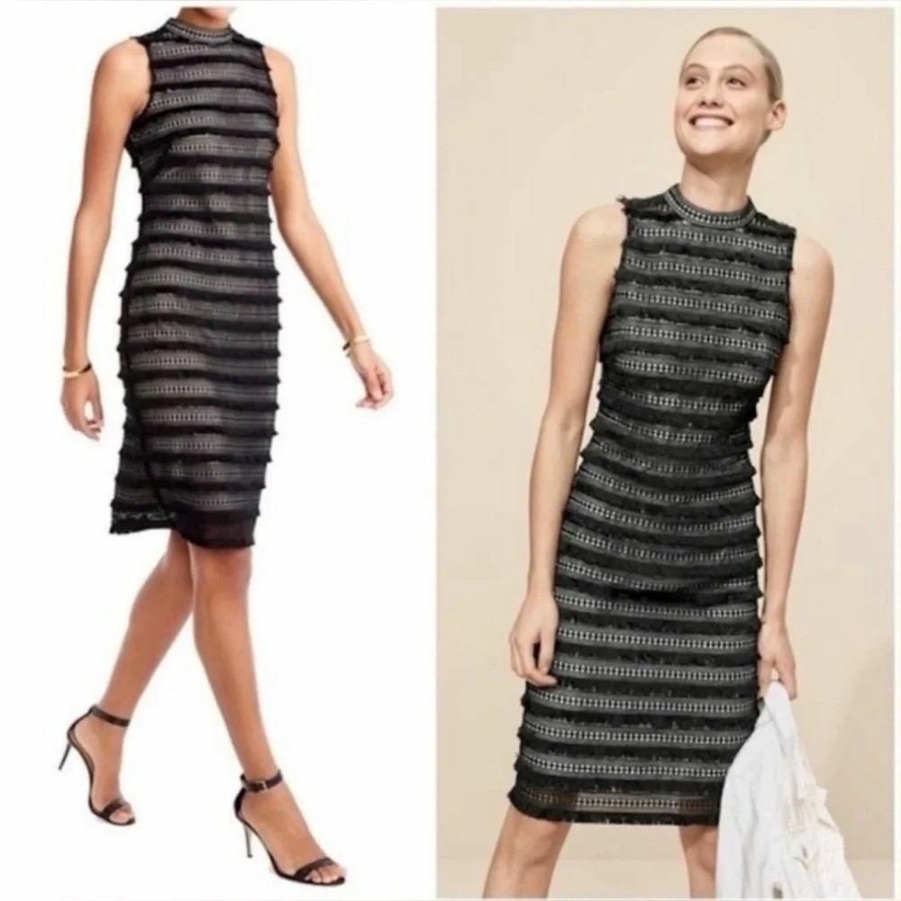 NWOT oJ Crew Black & Nude Fringe Lace Sleeveless Cocktail Dress Size 12