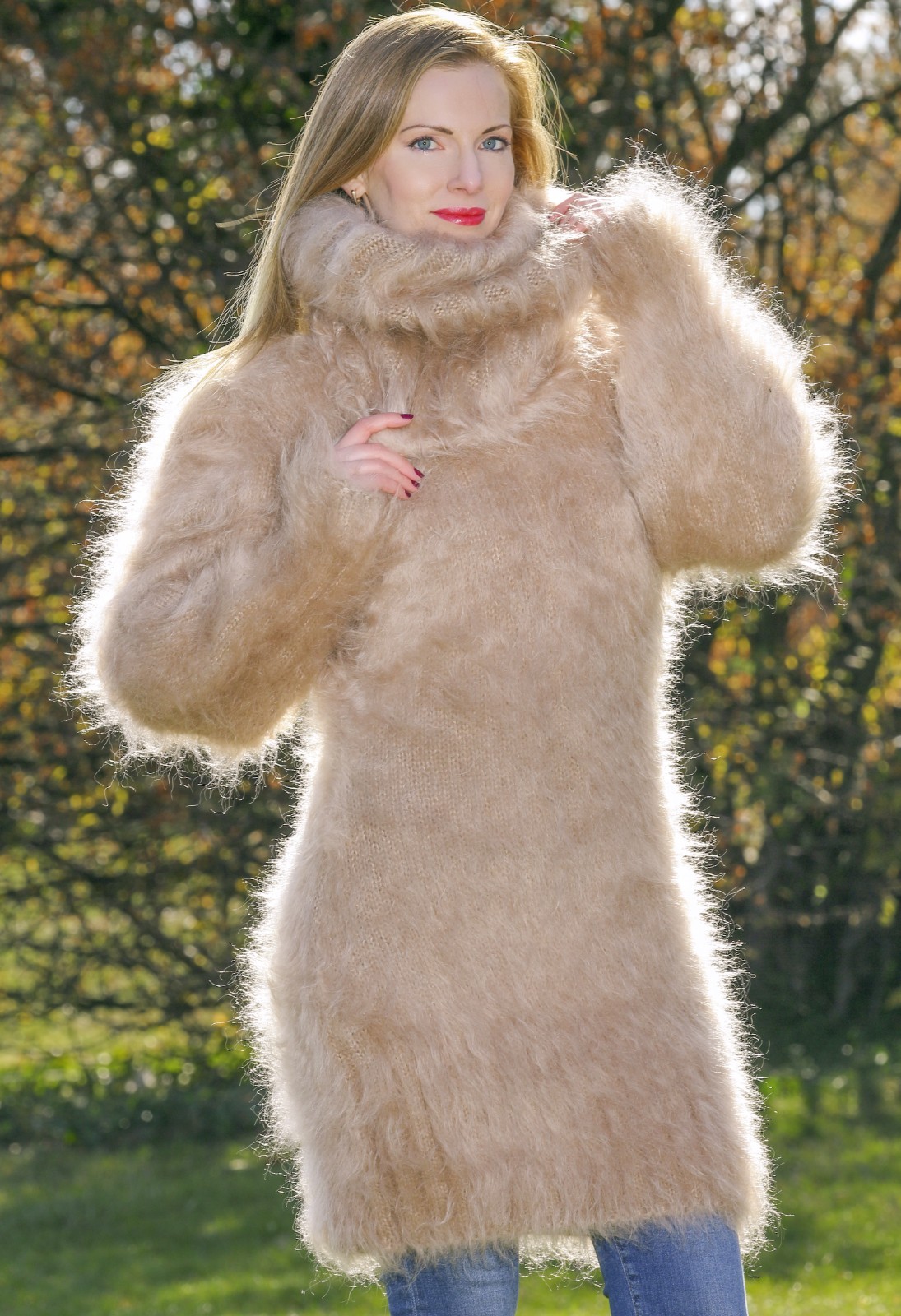 Fuzzy beige mohair dress handmade sweater with extra long turtleneck size L