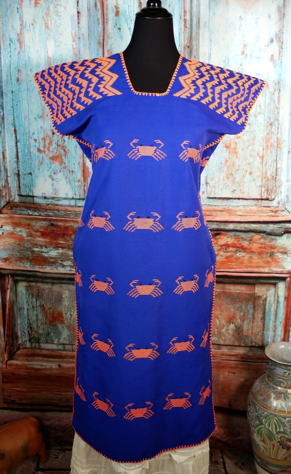 M/L Huipil Kaftan Handwoven Blue & Orange Crabs San Juan Colorado Oaxaca Mexico