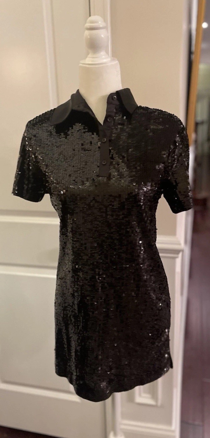 Alice + Olivia Treva Black Sequined Polo Mini Dress Sz S NWT $595