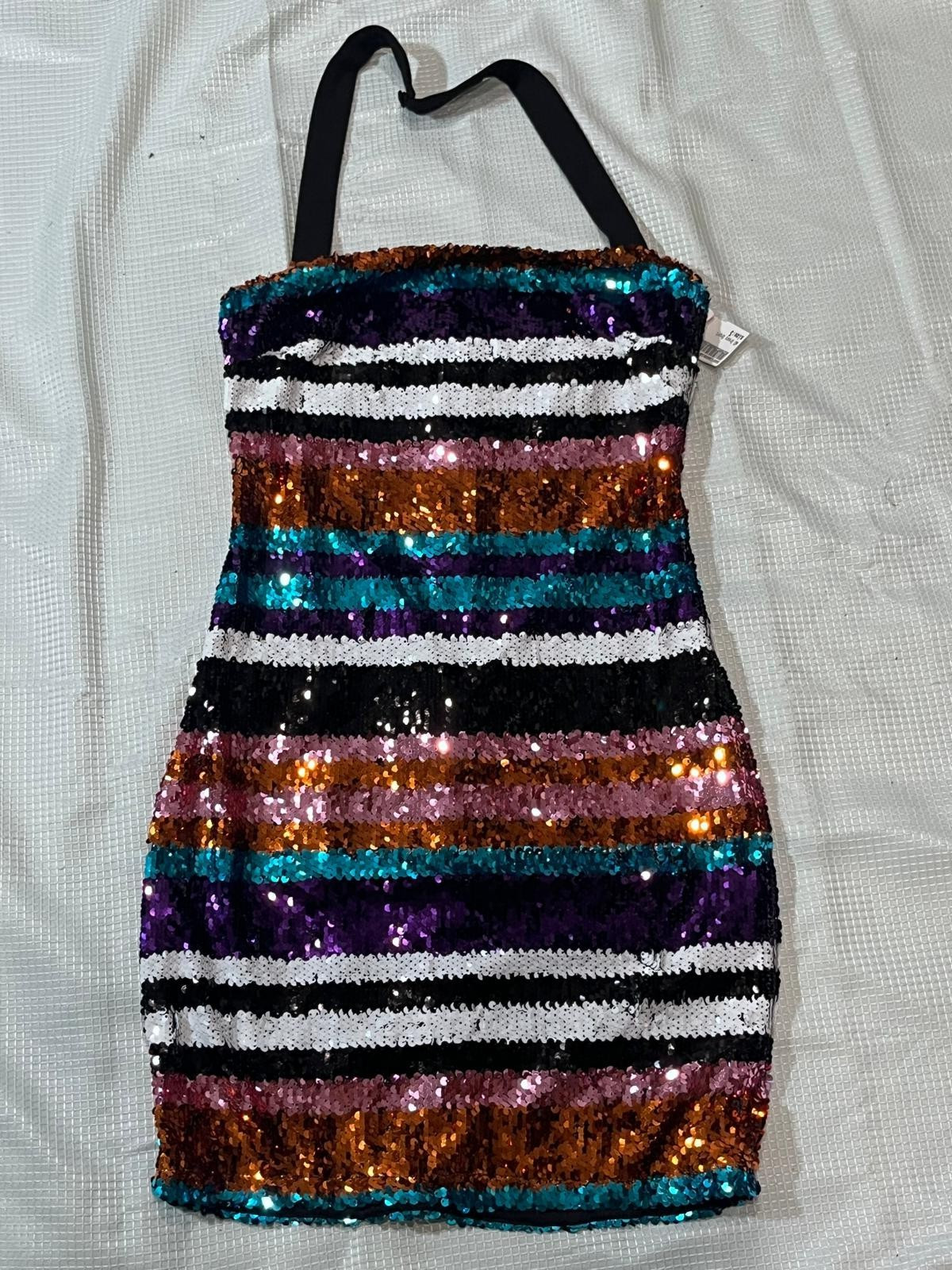 Multicolor Striped Sequin Halter Mini Dress Shimmer Party Clubwear