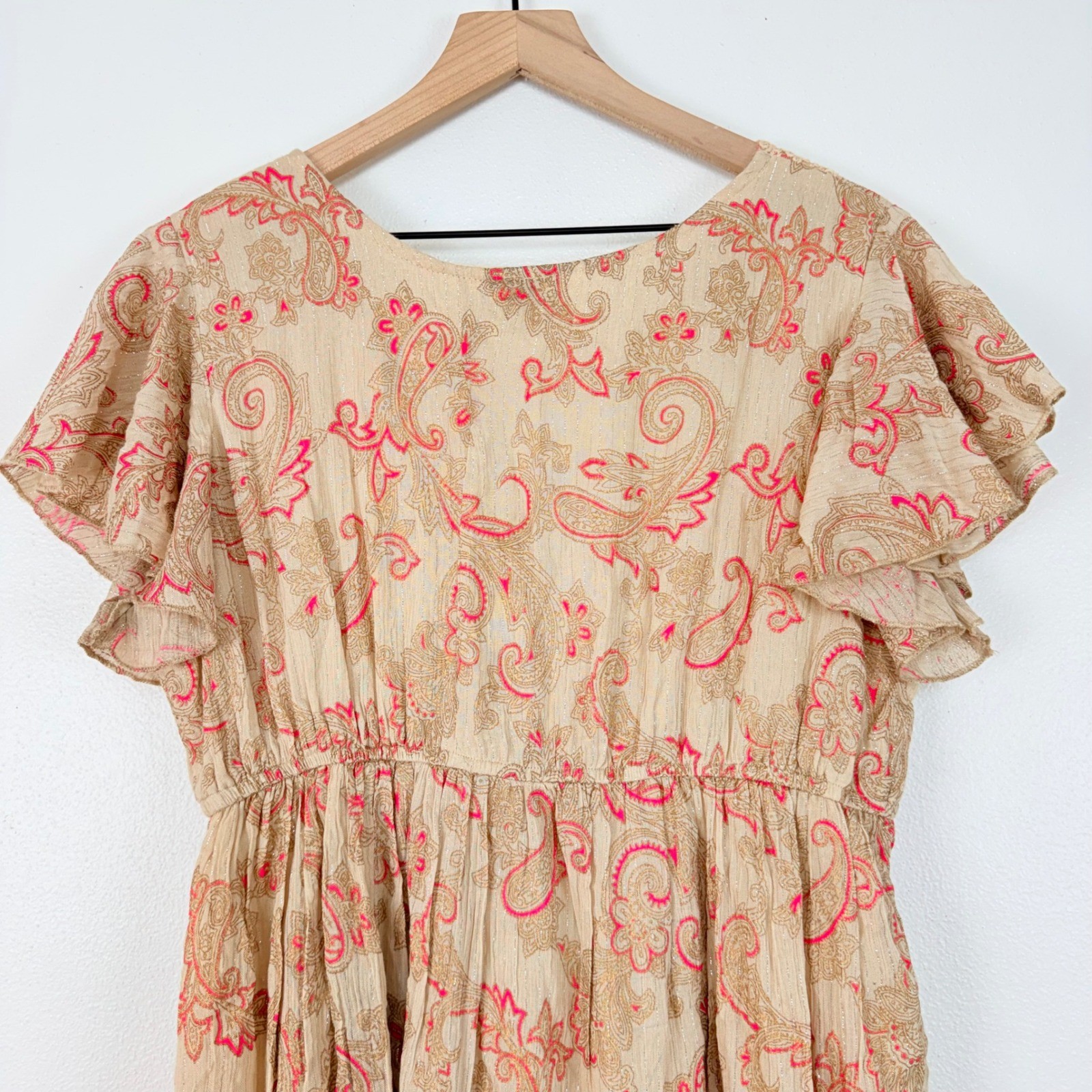 Ananta Paisley Boho Mini Dress Size L Tan Pink Crochet Lace Tiered Ruffle Tie