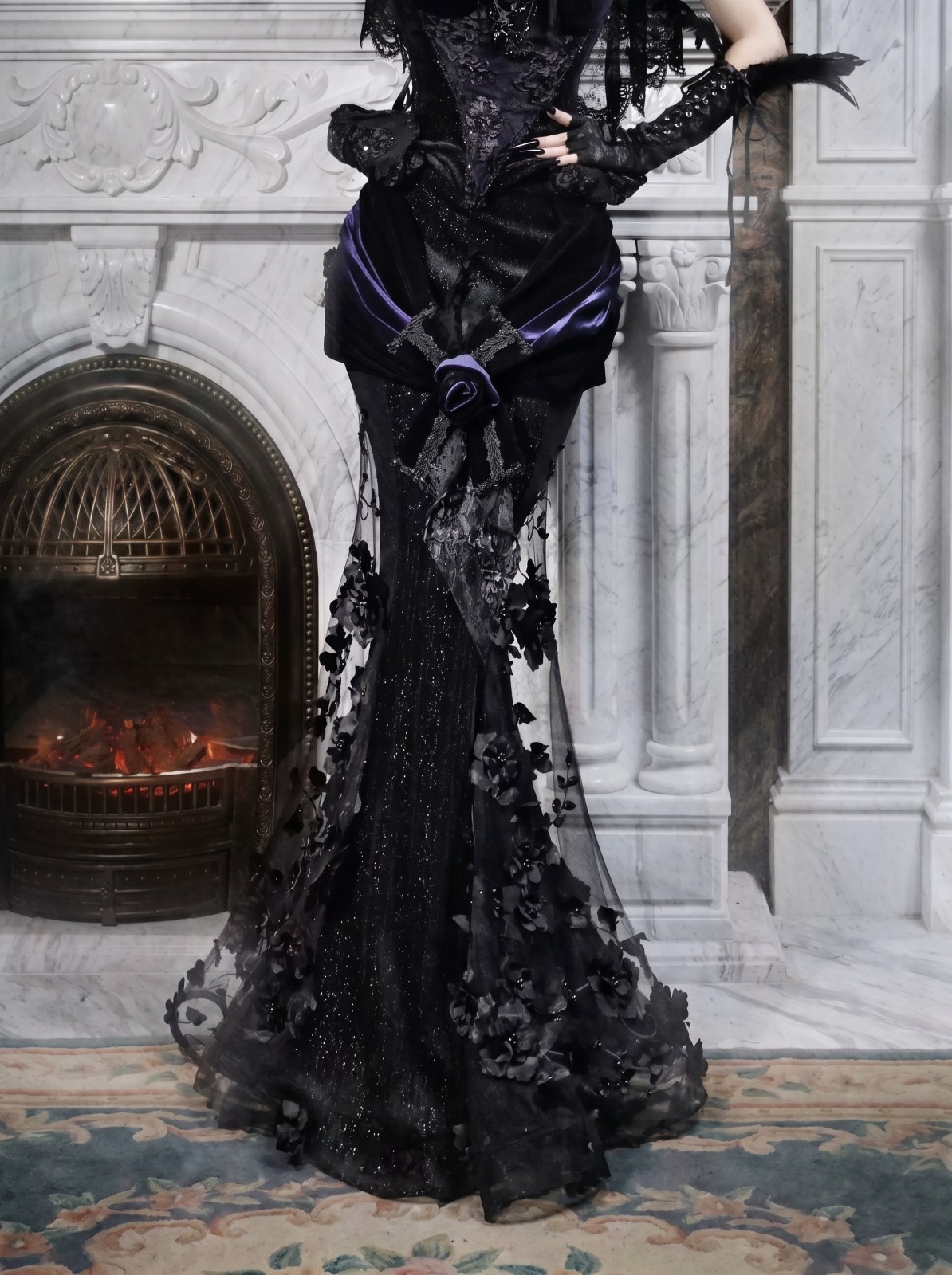 Mourning Day Gothic Beaded Embroidered Fishtail Maxi Dress