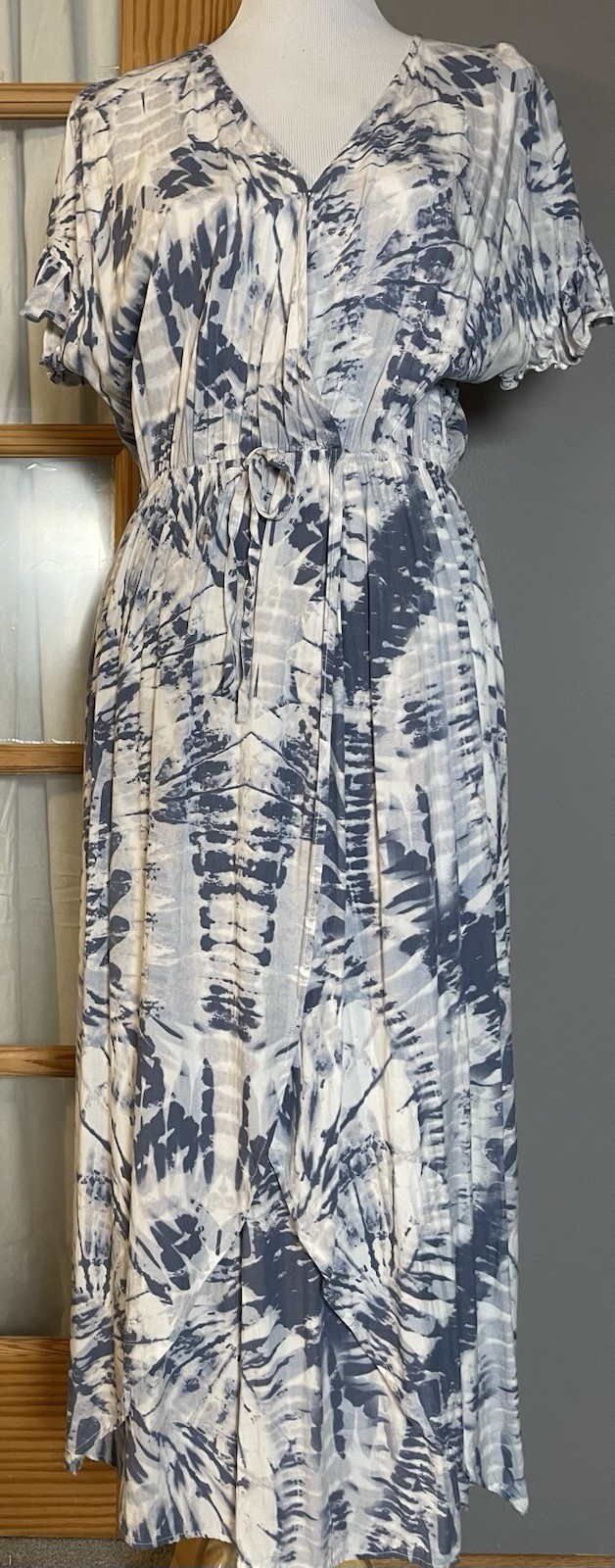 GiGiO USA Tie Dye Layered Midi Dress M Blue V Neck Lagenlook Peasant Boho Beach