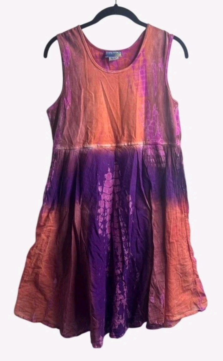 India Boutique Women’s Gauzy Cotton Pullover Dress Sleeveless Flowy Orange L