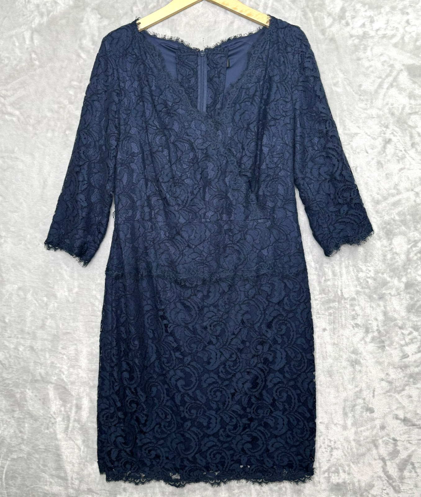 Tadashi Shoji Too Dress Womens 16Q Navy Blue Sheath V Neck 3/4 Sleeve Cocktail