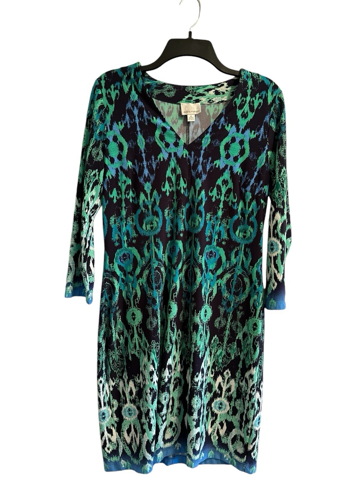 Donna Morgan Shift Pencil Dress Womens 6 Stretch Multicolor V-Neck 3/4 Sleeves