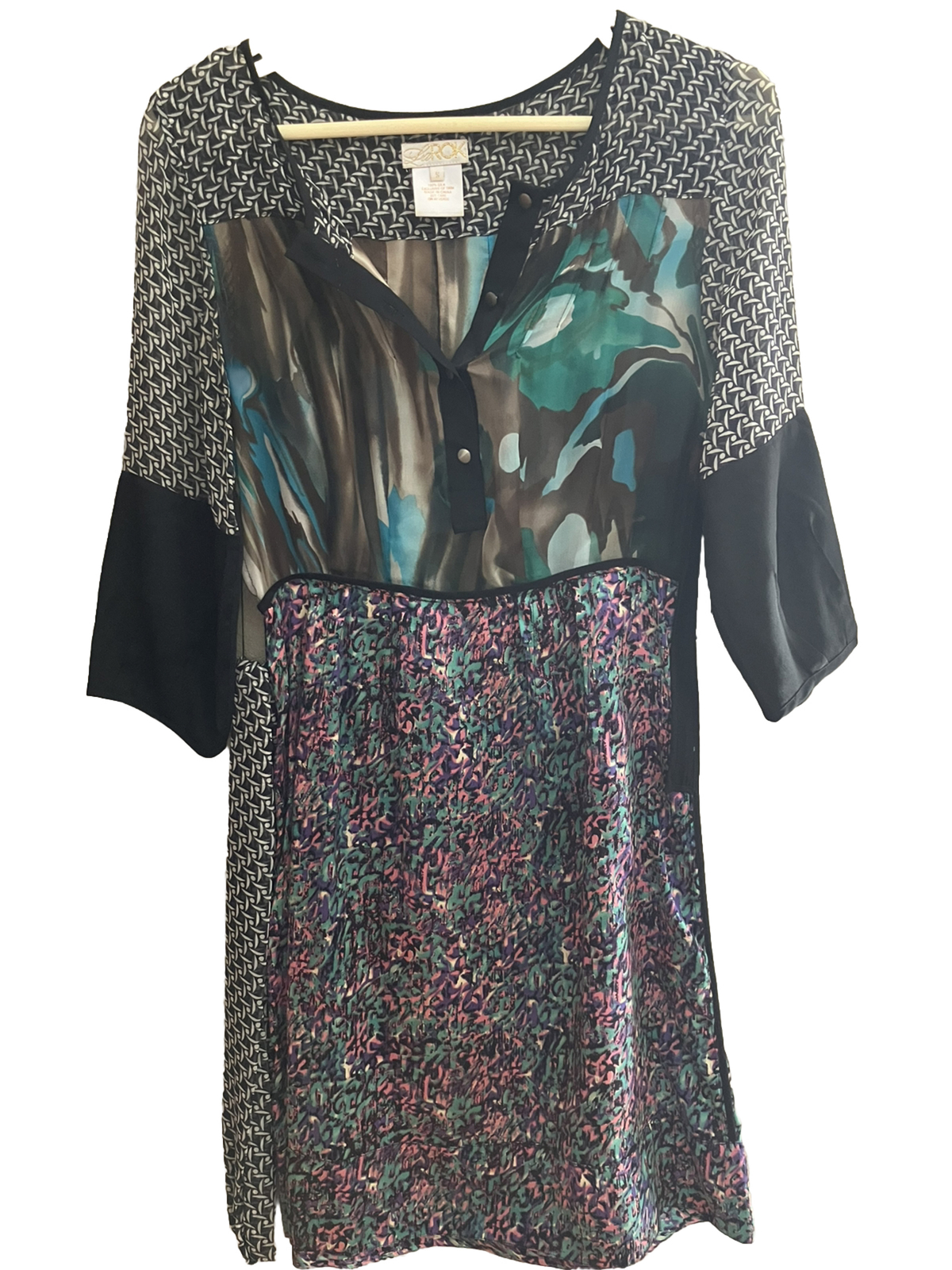 WOMENS LA ROK all SILK multi Pattern Mix Belted DRESS XS S CHARMING unique!