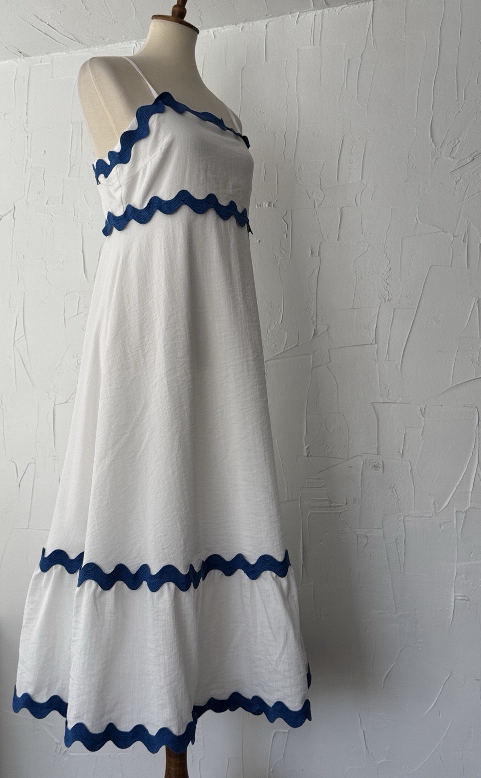 Fashion Maxi Sundress (S) Blue Zigzag Trim White Stretch Adjusting Straps Lined