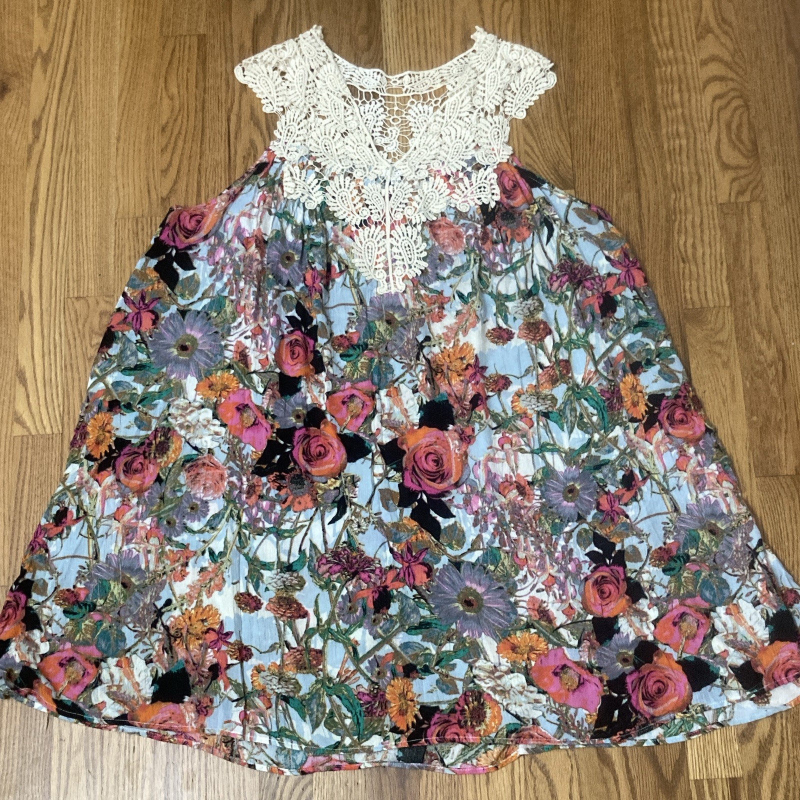 UMGEE L Multicolor Floral Sleeveless V-Neck Crochet Lace Midi Sundress