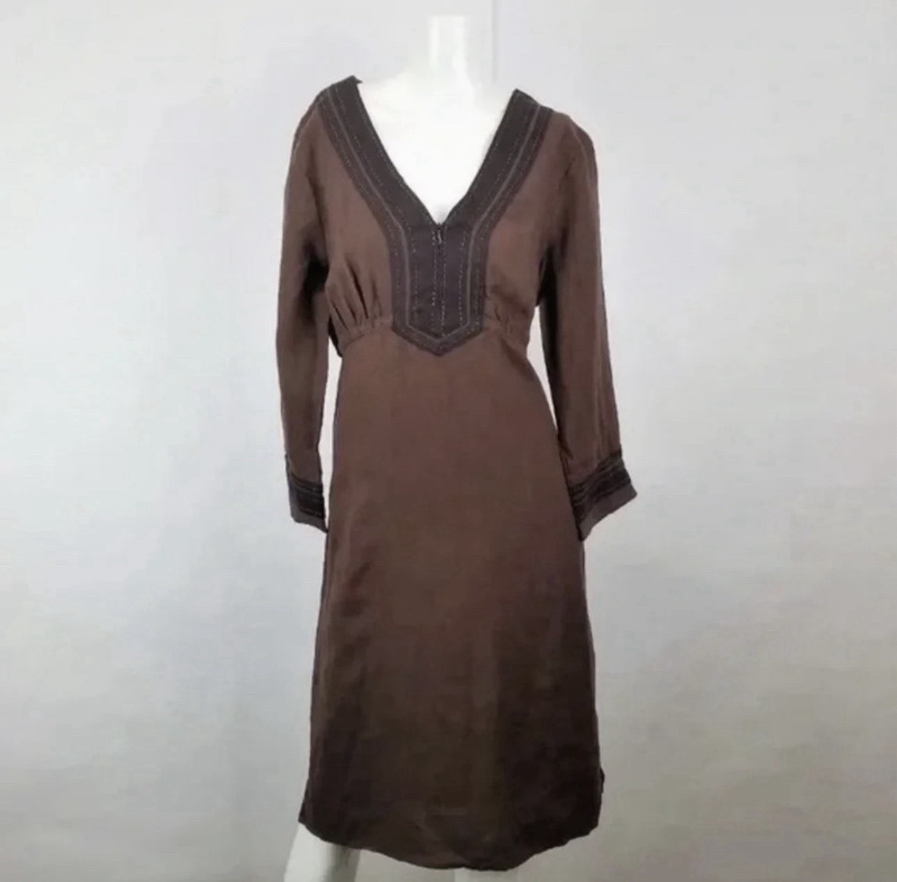 Athleta Brown Linen Lanai Boho Midi Dress 3/4 Sleeves