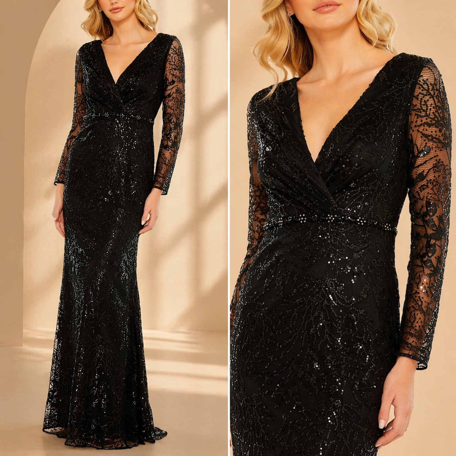 Mac Duggal Embellished Wrap Over Long Sleeve Gown Maxi Dress Size 2 68016