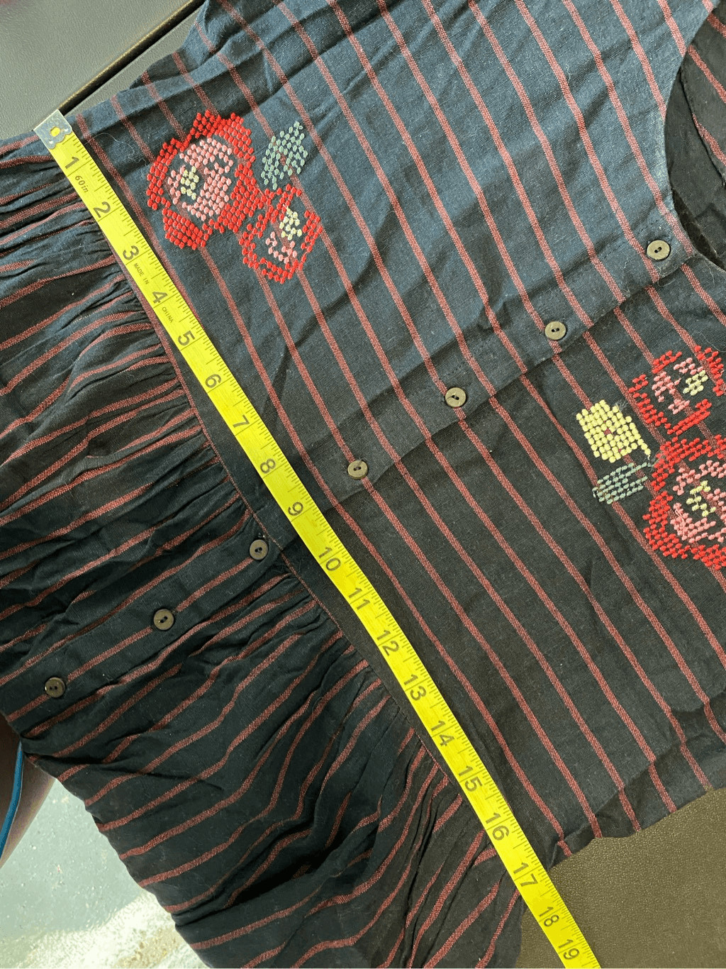 Bombay Paisley Dark Blue Red Stripe Floral Embroidered Button Down 3/4 Sleeve Mi