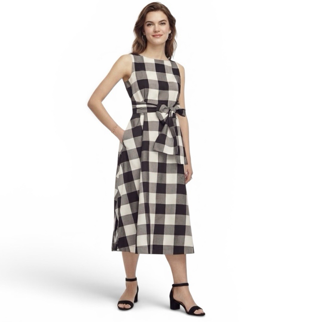 Ann Taylor Black White Gingham Plaid Tie Waist Midi Sleeveless Dress Cotton XS
