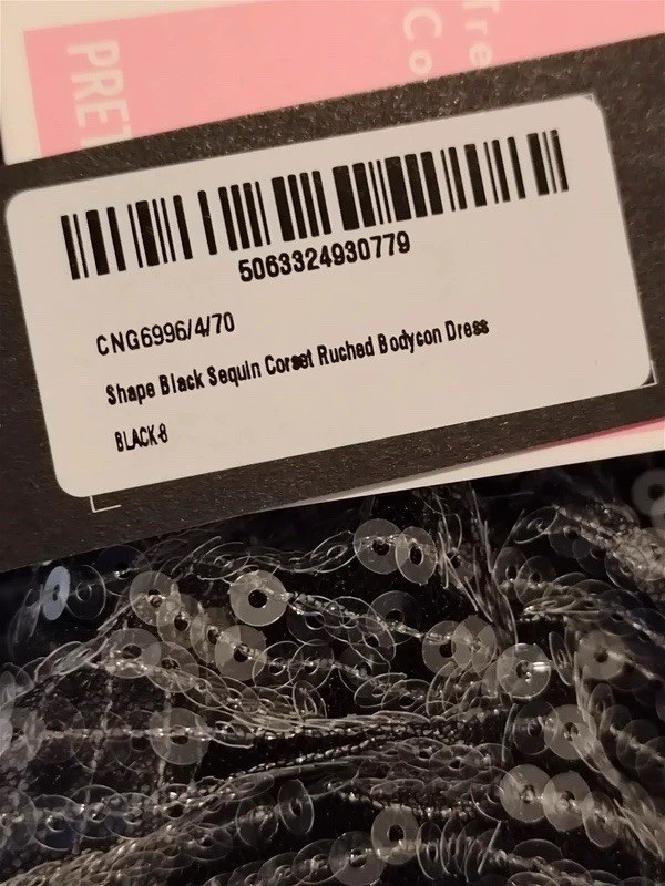 PLT Pretty Little Thing Shape Black Sequin Corset Ruched Bodycon Dress Size UK 8