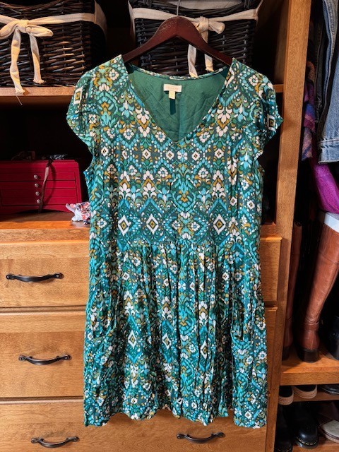 NWOT Garnet Hill Cotton Casual Dress Sz 8, green patterned print, mint condition
