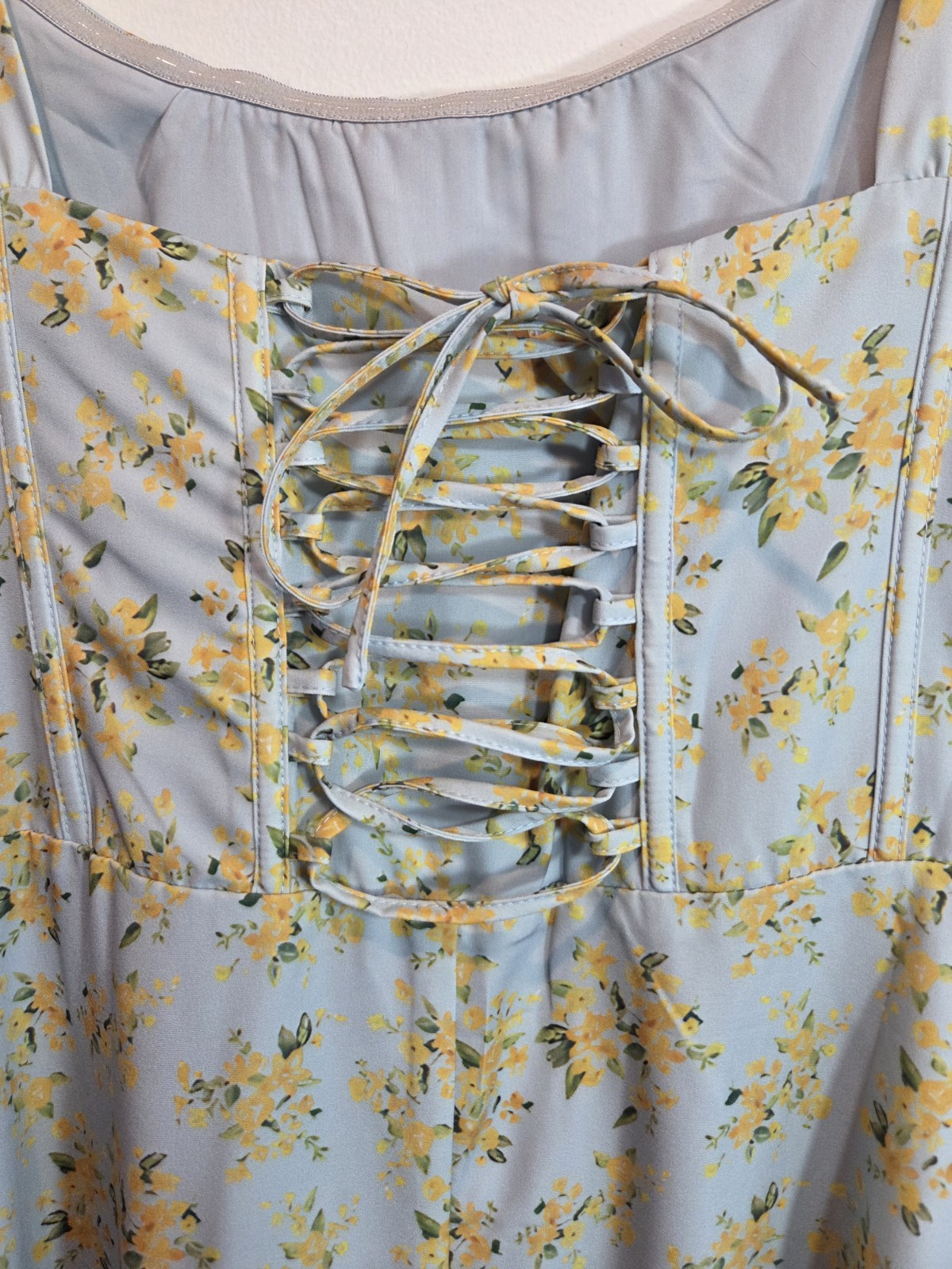 UNBRANDED Size L Blue/Yellow Floral Square Neck Corset Back Lace Up Midi Dress