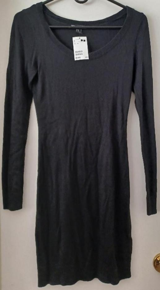 H&M BASIC BLACK KNIT LONG SLEEVE RIBBED BOAT NECK SHEATH DRESS XS BRAND NEW NWT