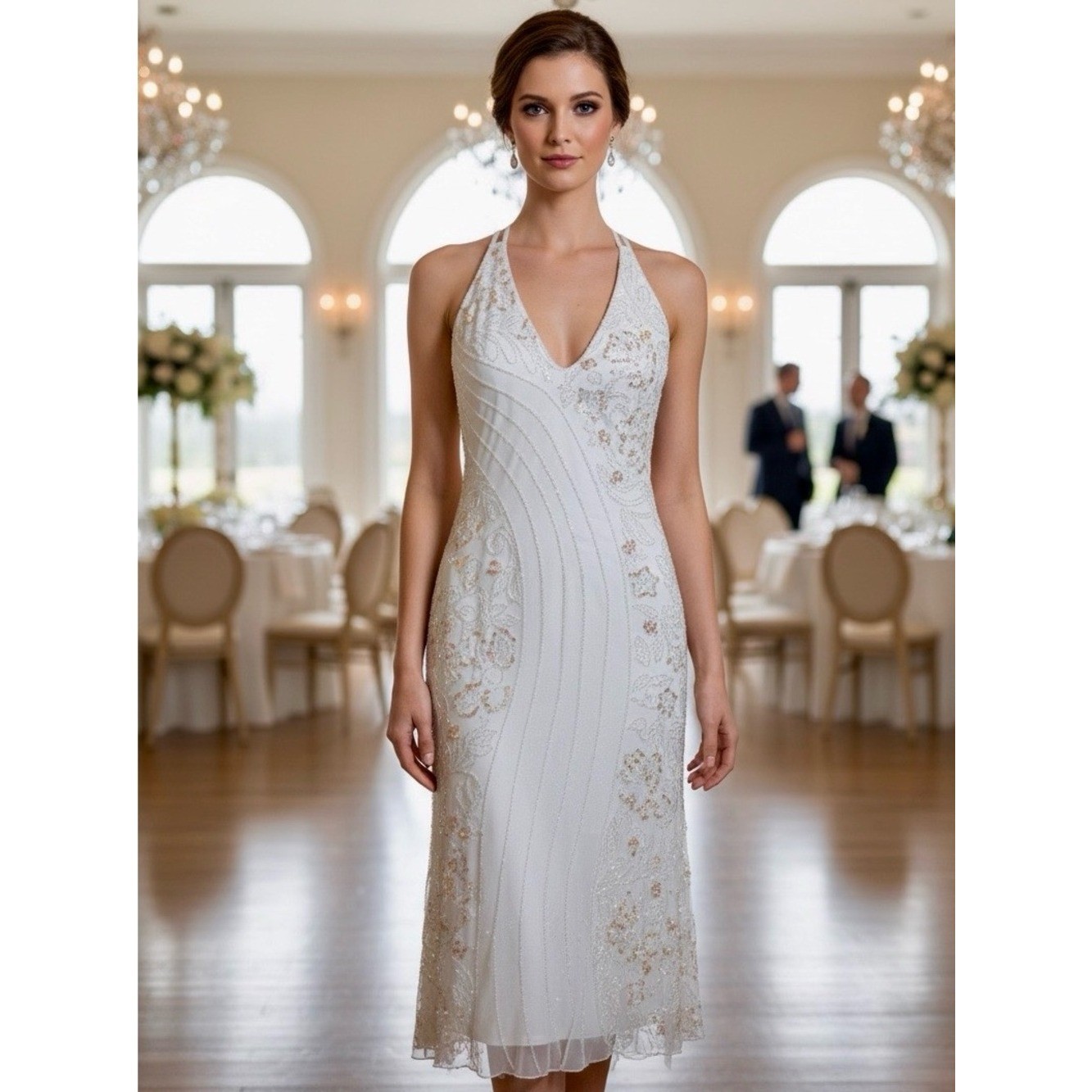 White hand Beaded Ruffle Backless Evening Dress. Power mesh stretch fabric.