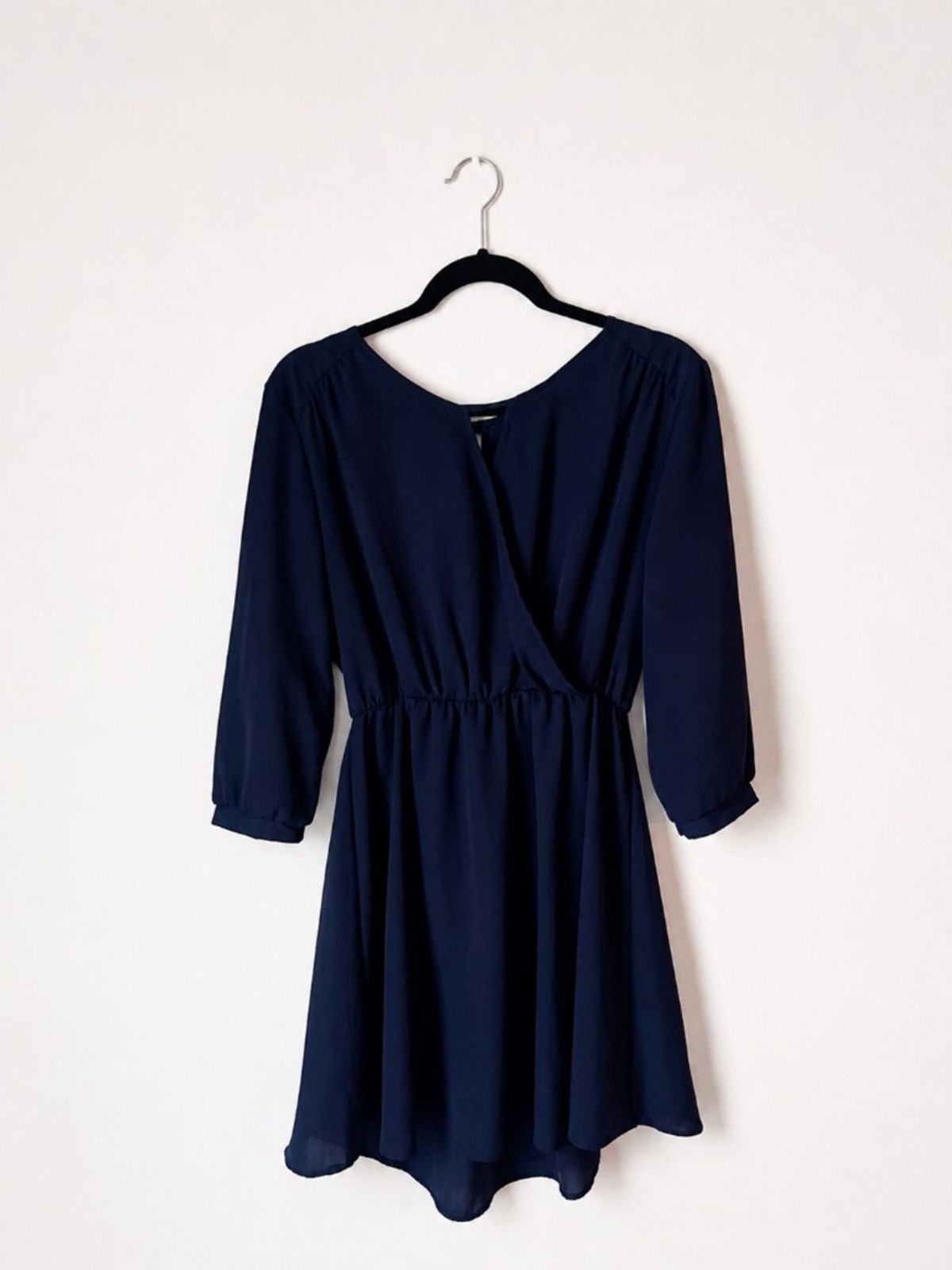 Lush Navy Surplice V-Neck Fit & Flare Mini Dress 3/4 Sleeve Elastic Waist