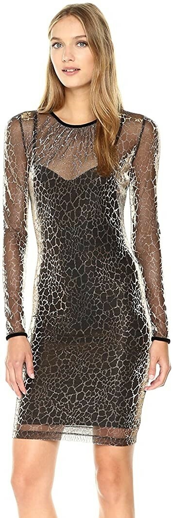 Just Cavalli 187804 Wome’s Sheer Animal Print Sheath Dress Gold Variant Size 42