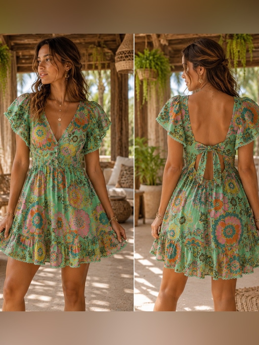 12. ANGIE GREEN FLORAL BOHO OPEN BACK DRESS M {Cochella fairycore dress}